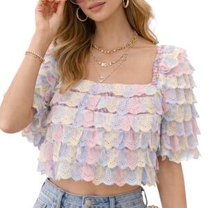 Missagale Pastel Tiered Eyelet Lace Lined Crop Top XL Scalloped Ruffle